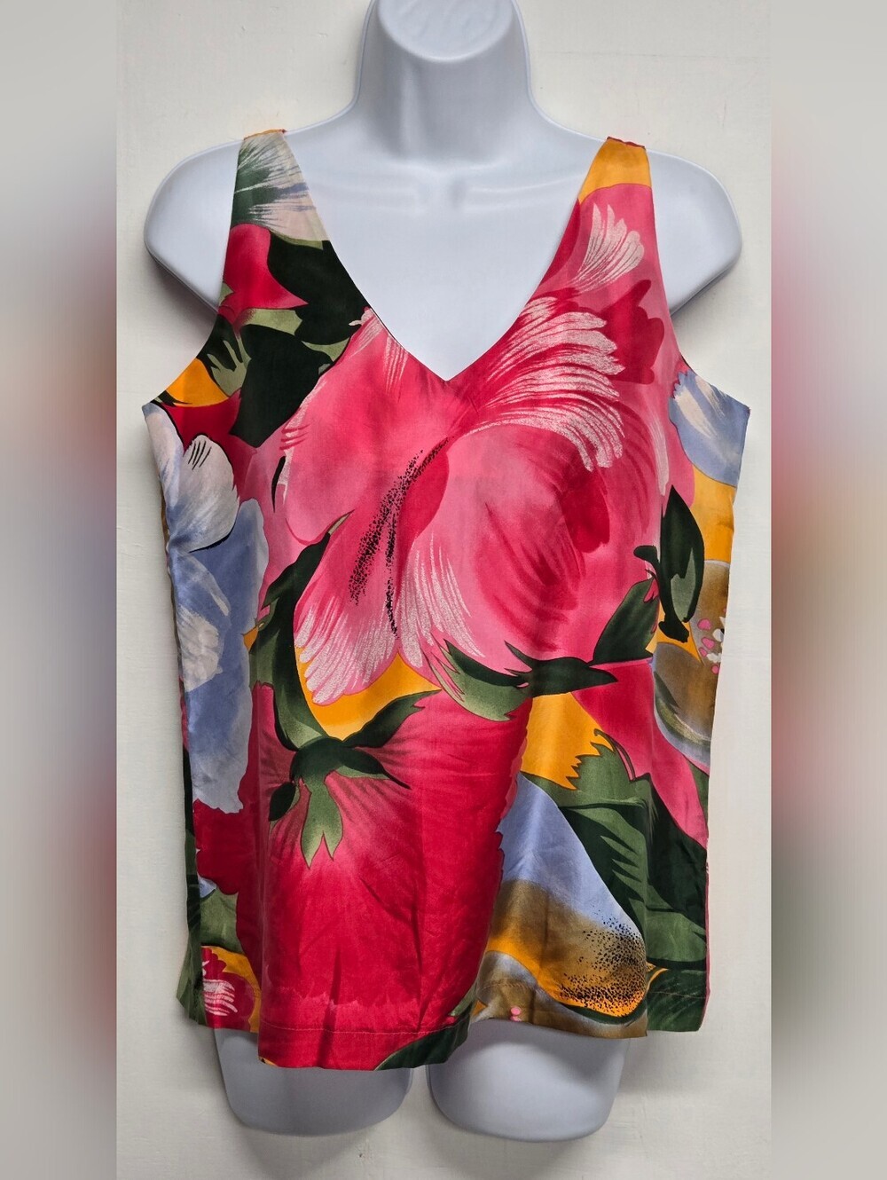 Express S Top 100% Silk Vintage Bold Floral Sleeveless V Neck V Back New